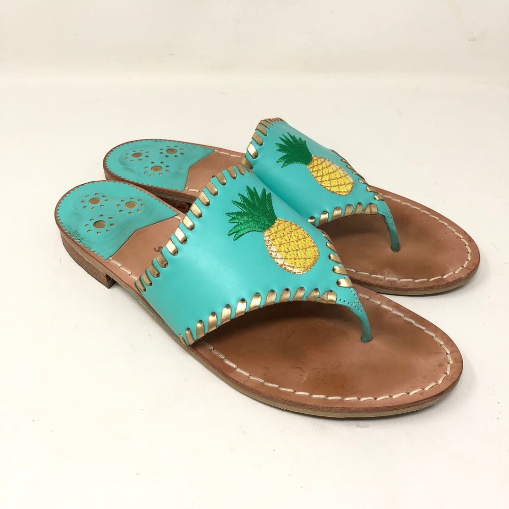 Jack Rogers Women's 9 Pineapple Sandals Turquoise Teal Gold Thong Flats
